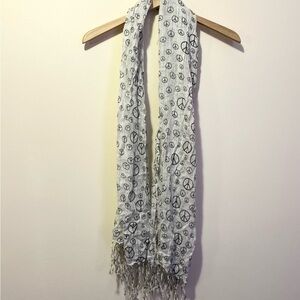 Pashmina silk White & Black Scarf peace sign boho bohemian artsy lagenlook art